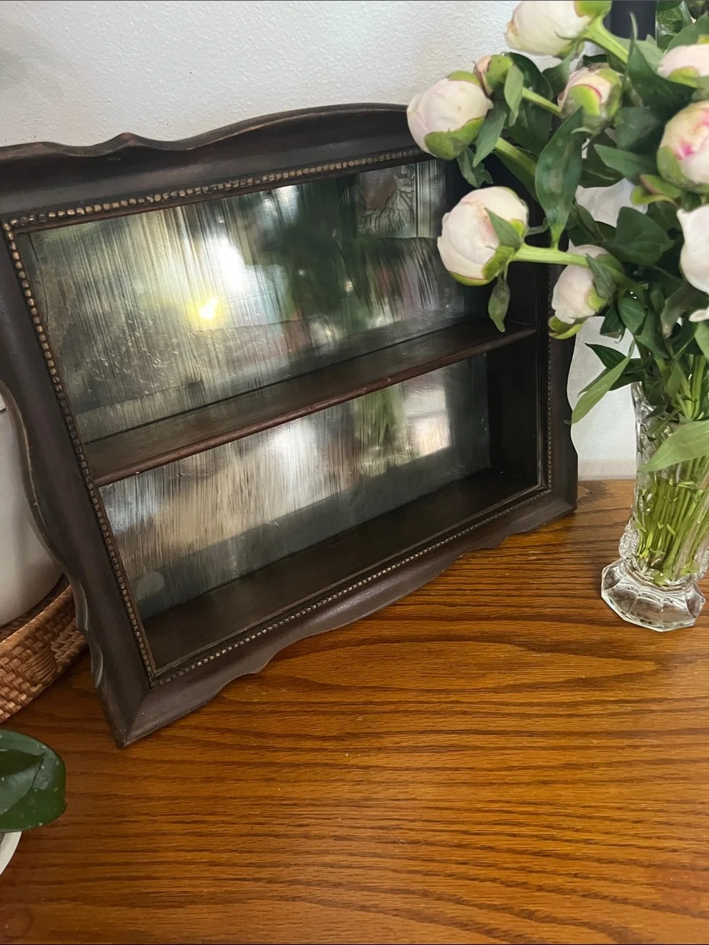 Antique cottage, core Rustic Dark Brown Wall Shelf with Mirror Back